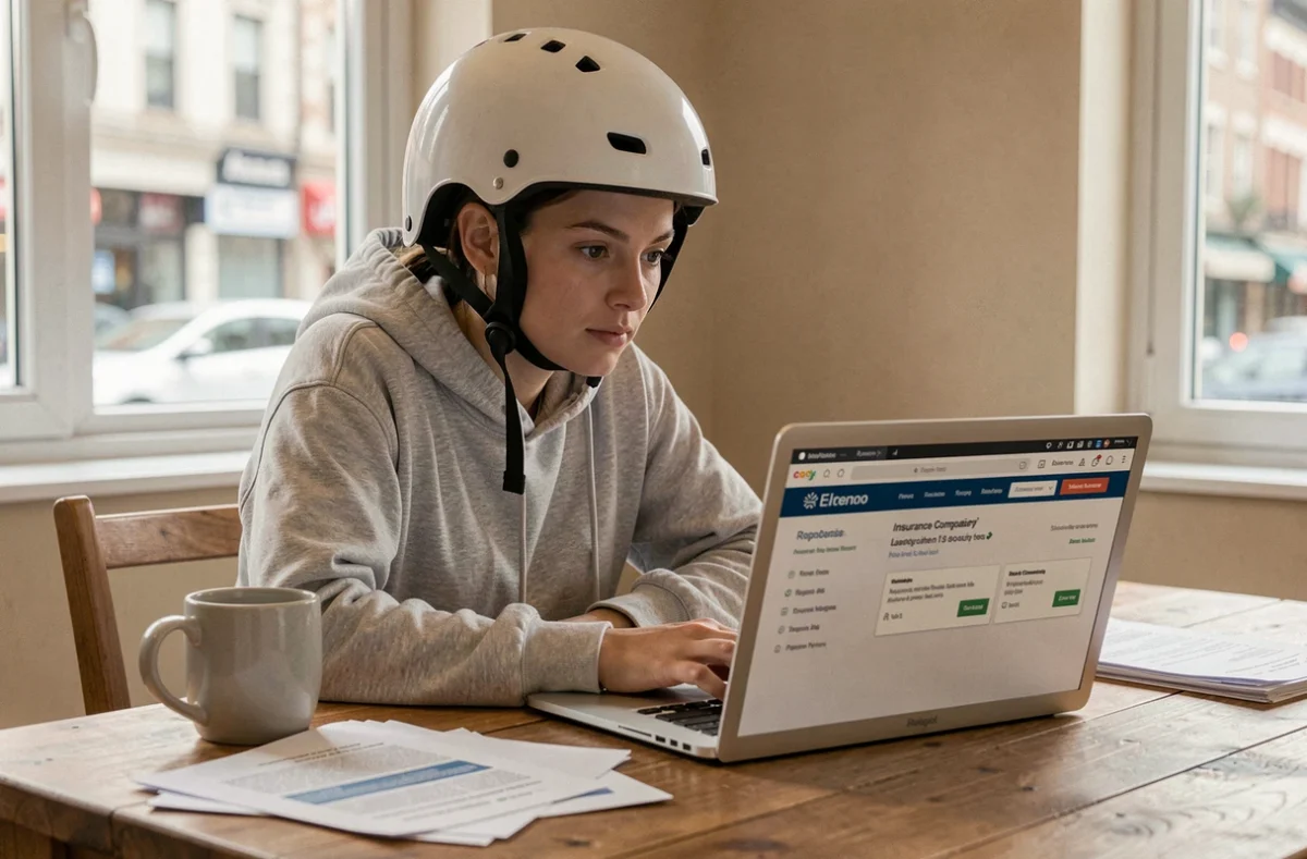 Femme comparant des offres d'assurance moto sur un ordinateur portable à la maison