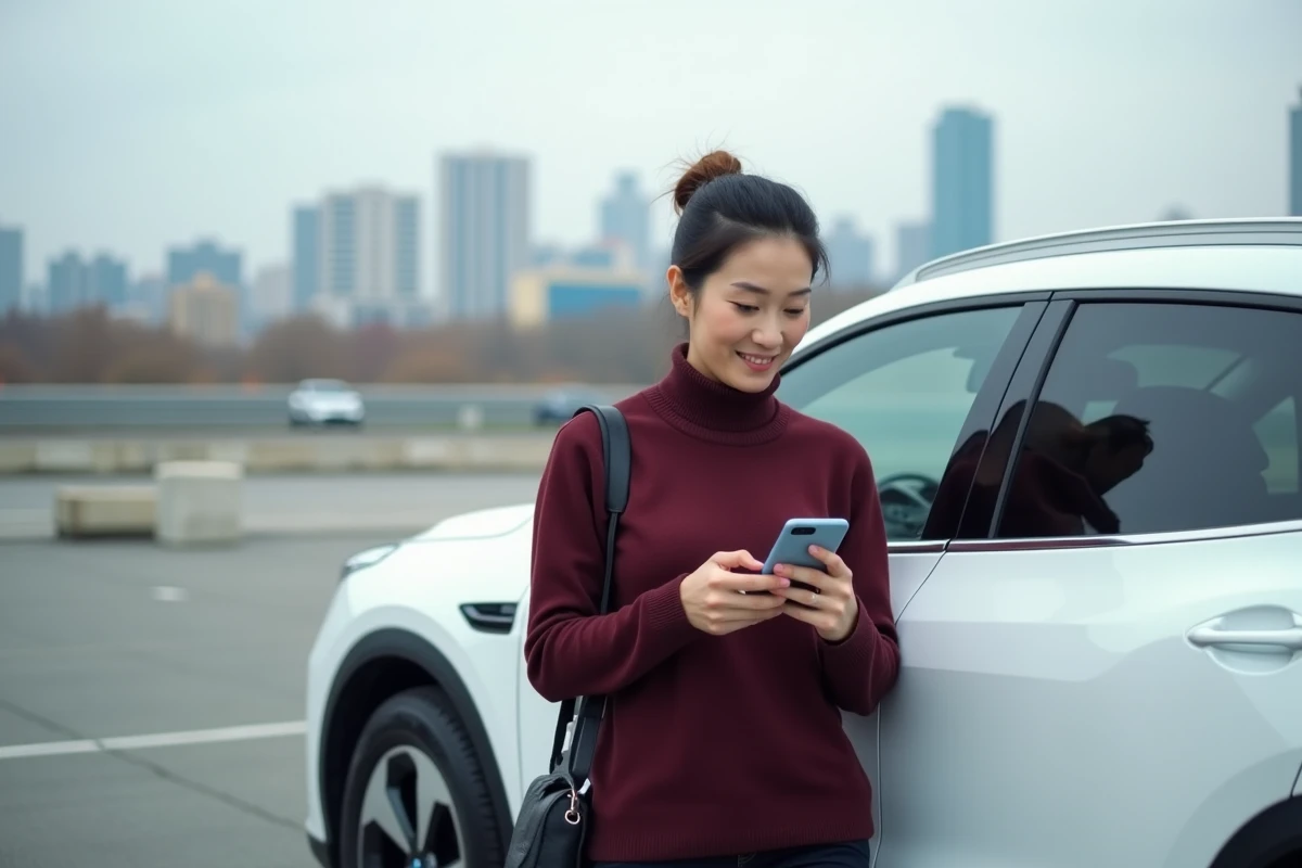 Une femme consulte son téléphone pour comparer les avis sur une marque automobile chinoise avant de signer un contrat