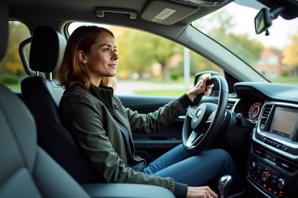 Femme au volant d’un SUV intérieur avec tableau de bord