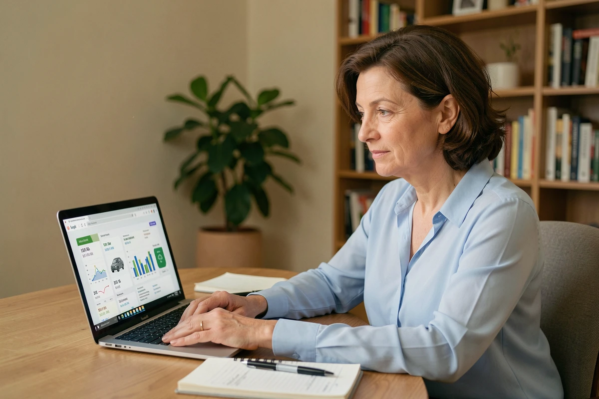 Femme consultant un rapport d'inspection automobile sur ordinateur portable pour prendre une décision d'achat éclairée