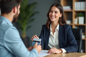 Jeune femme remet son permis à un agent d'assurance