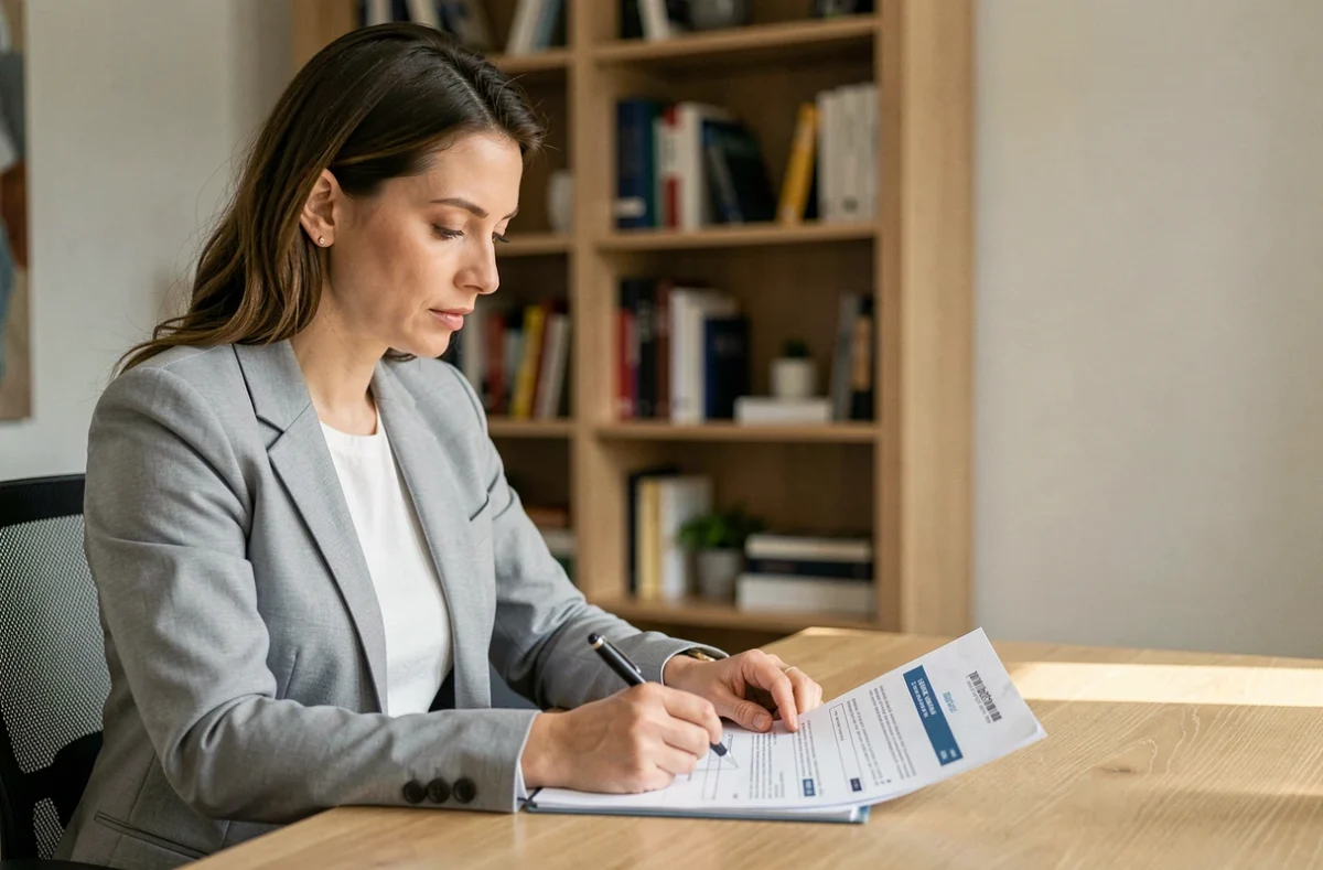 Femme consultant un contrat d'assurance auto obligatoire à son bureau