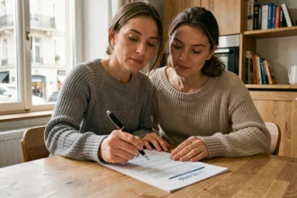 Femme consultant son contrat d'assurance automobile à la maison pour changer de couverture