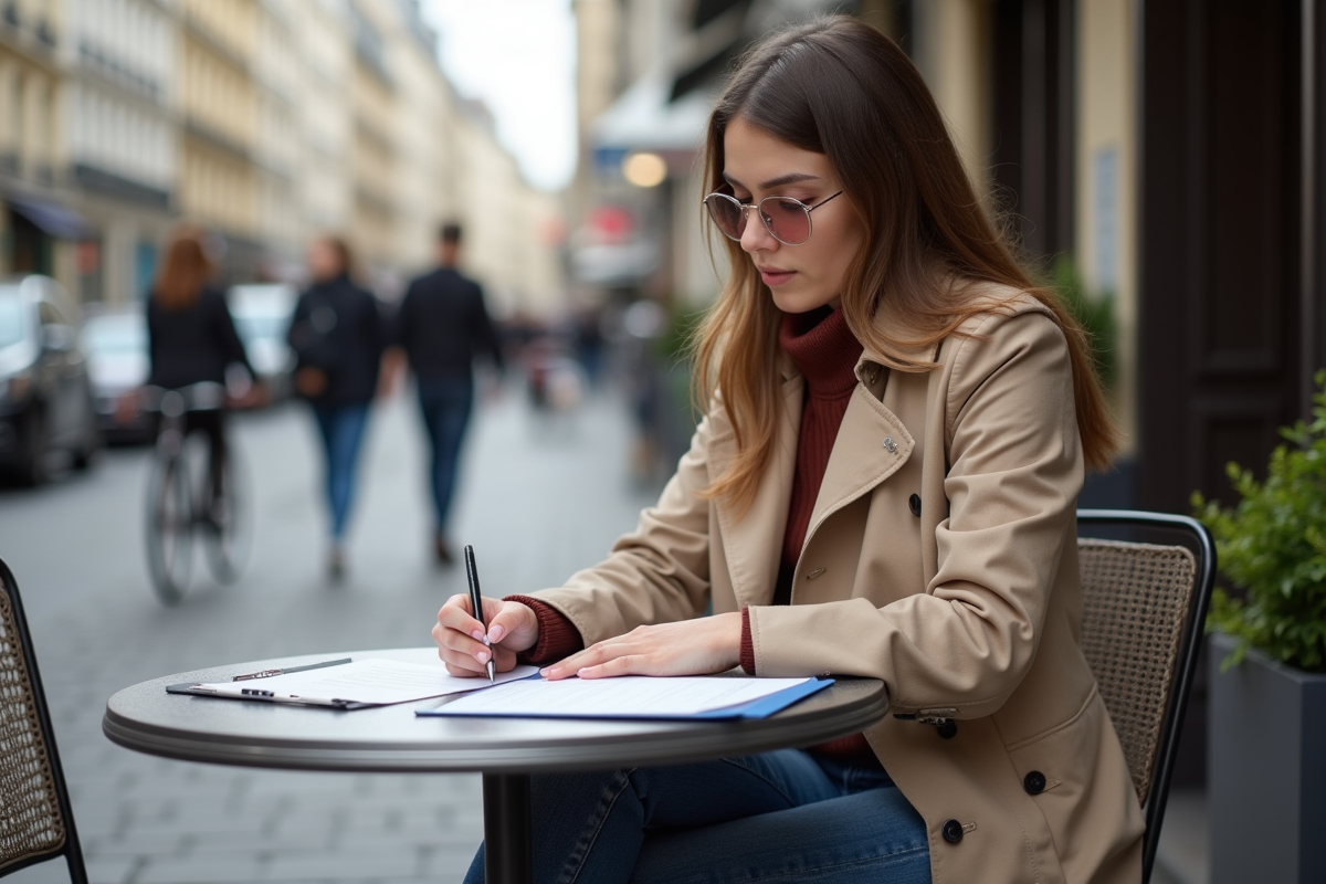 Femme assise à un café parisien remplissant un formulaire d