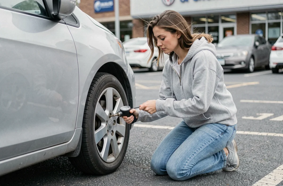 Femme vérifiant la pression de ses pneus avec un manomètre sur un parking, illustration de la pression recommandée au quotidien