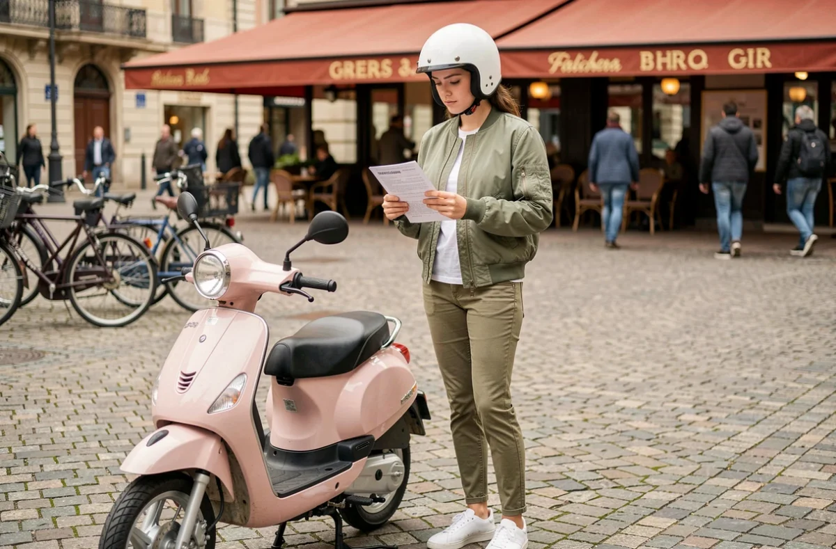 Jeune femme debout à côté d'un cyclomoteur 50cc en ville consultant un document d'assurance