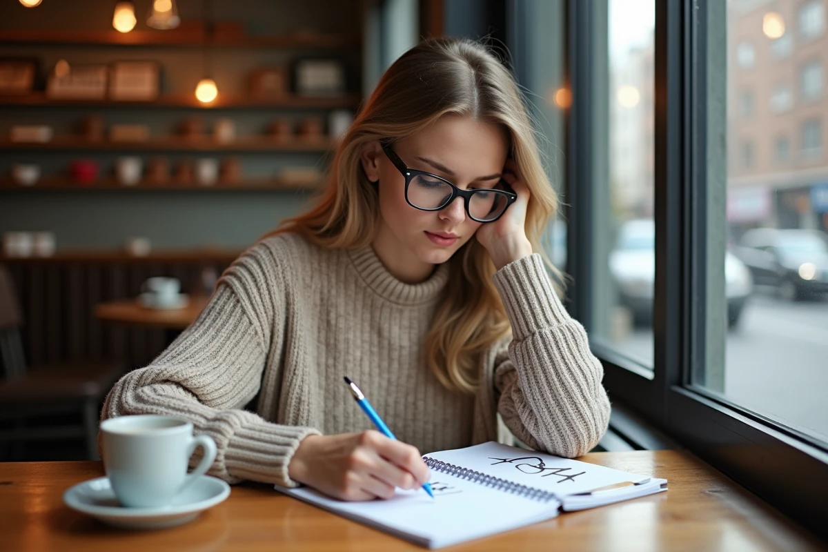 Jeune femme esquissant le logo Hyundai dans un café