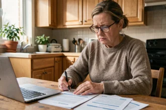 Femme consultant ses documents d'assurance voiture à la table de cuisine, inquiète face à l'augmentation de sa prime