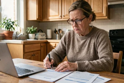 Femme consultant ses documents d'assurance voiture à la table de cuisine, inquiète face à l'augmentation de sa prime