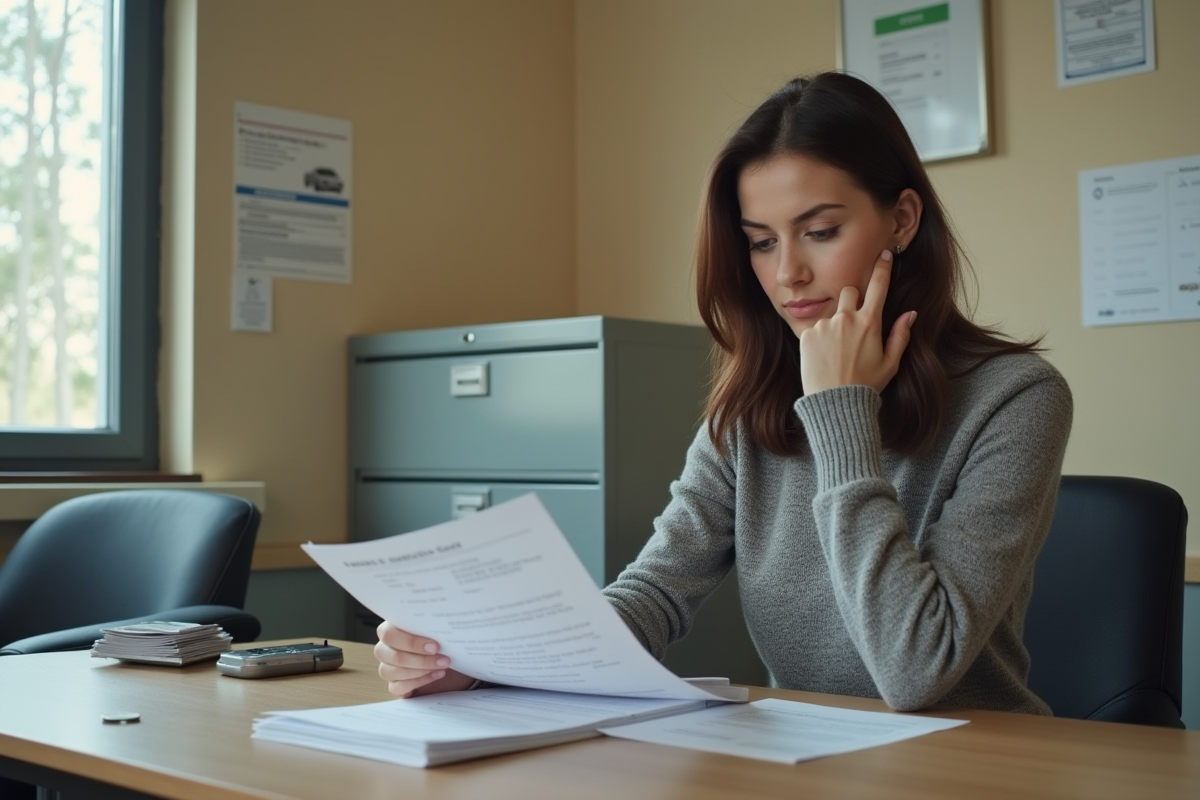 Jeune femme examinant ses documents dans un centre de contrôle automobile