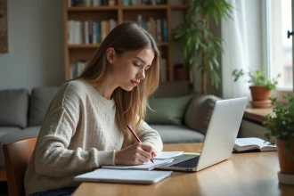 Jeune femme étudie à son bureau à la maison
