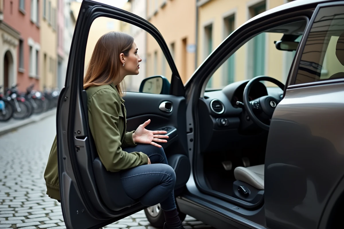 Femme évaluant un véhicule compact en ville pour optimiser le choix selon les chevaux fiscaux