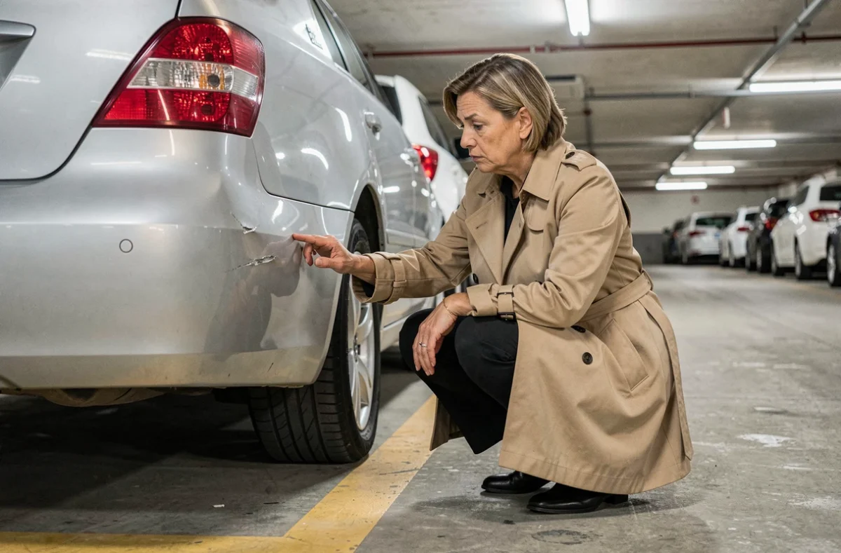 Femme examinant un accrochage sur sa voiture dans un parking souterrain, illustration d'une sinistre en parking et d'assurance auto