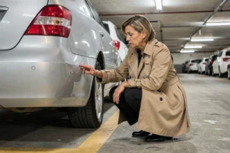 Femme examinant un accrochage sur sa voiture dans un parking souterrain, illustration d'une sinistre en parking et d'assurance auto