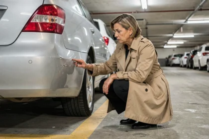Femme examinant un accrochage sur sa voiture dans un parking souterrain, illustration d'une sinistre en parking et d'assurance auto