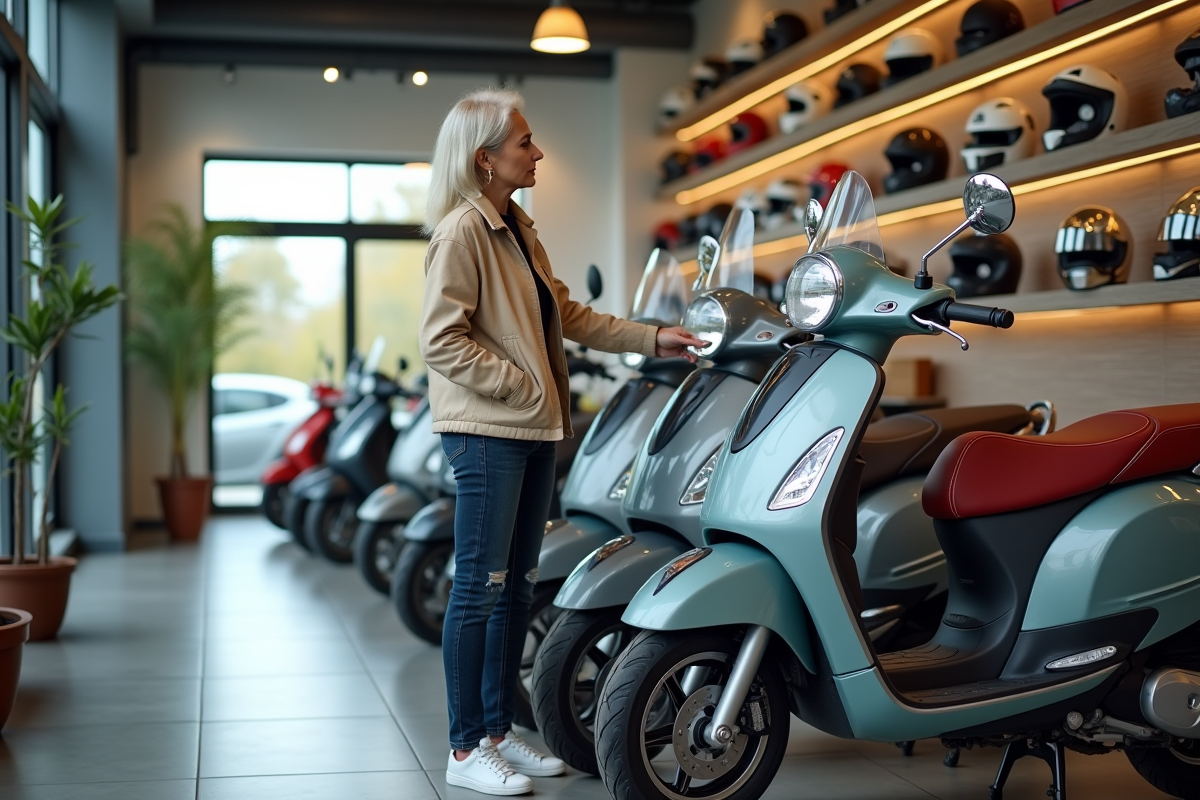 Femme examine scooters dans magasin spacieux