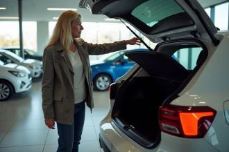 Femme examinant le coffre d'une voiture 2026 dans un showroom