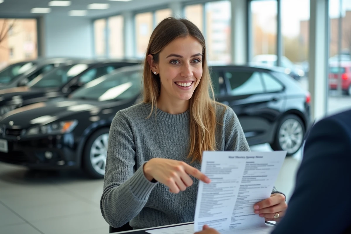 Femme lisant une fiche technique automobile dans un showroom, cherchant à comprendre la conversion des chevaux en kilowatts pour comparer les véhicules