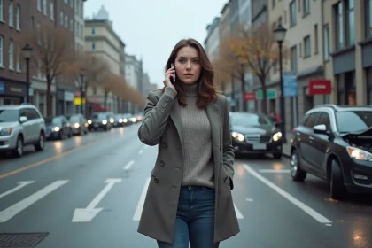 Femme inquiète à côté de sa voiture endommagée en ville