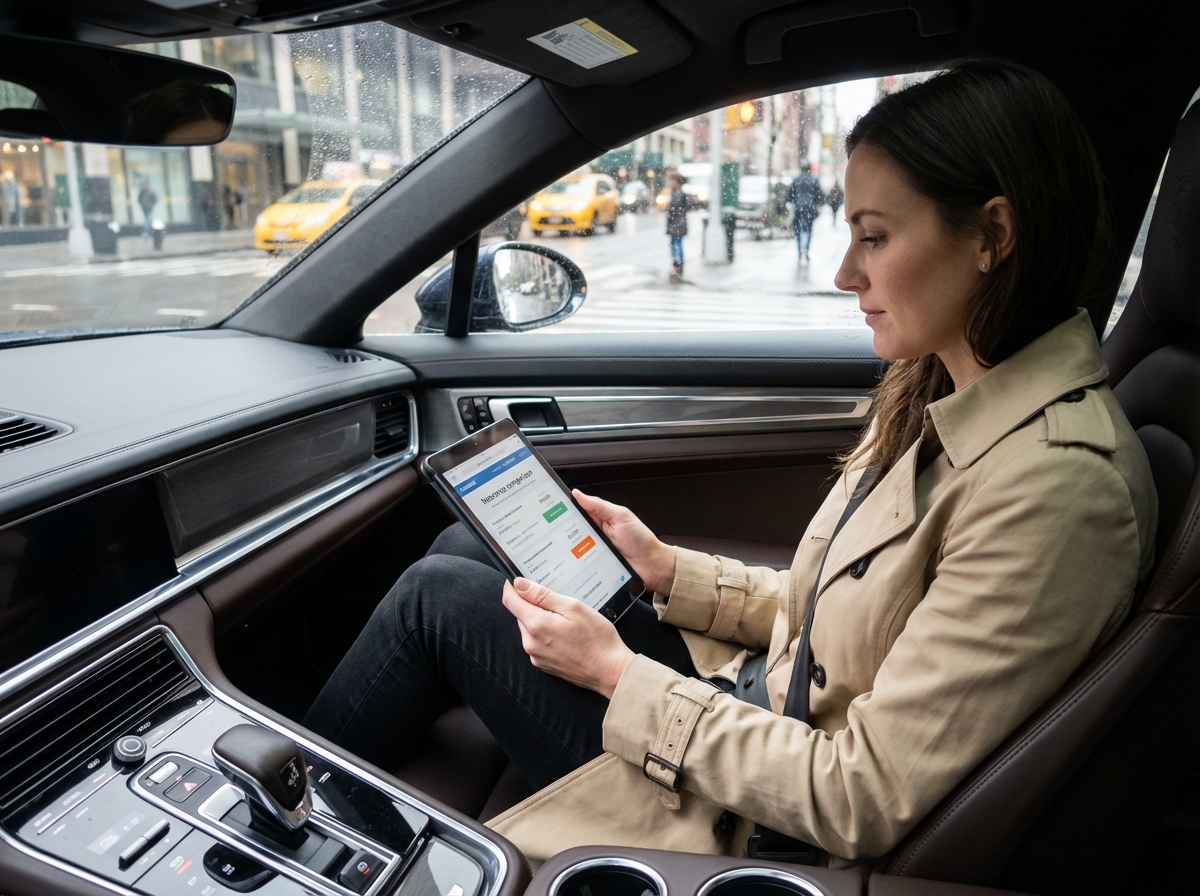 Femme dans la voiture utilisant une tablette pour devis