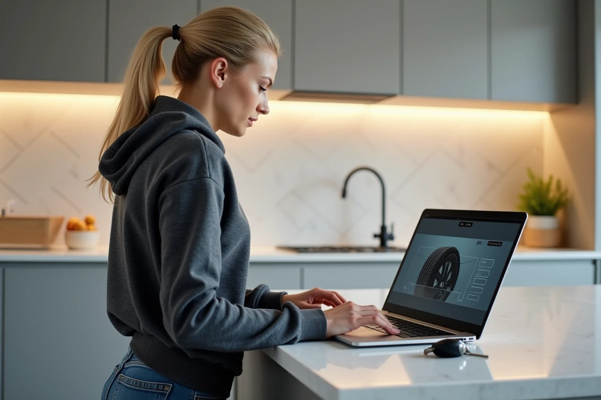 Femme travaillant sur son ordinateur dans une cuisine moderne