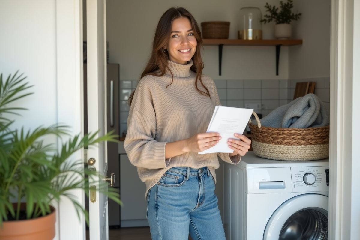 Jeune femme souriante avec machine à laver dans la buanderie
