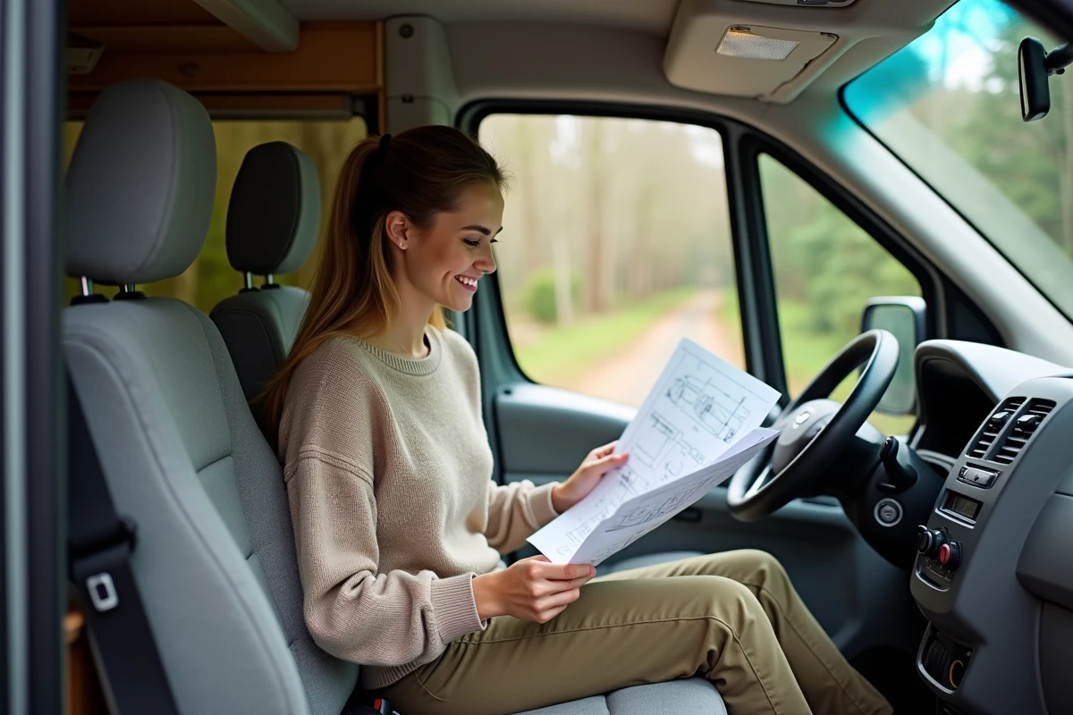 Jeune femme lisant des croquis dans un van de camping