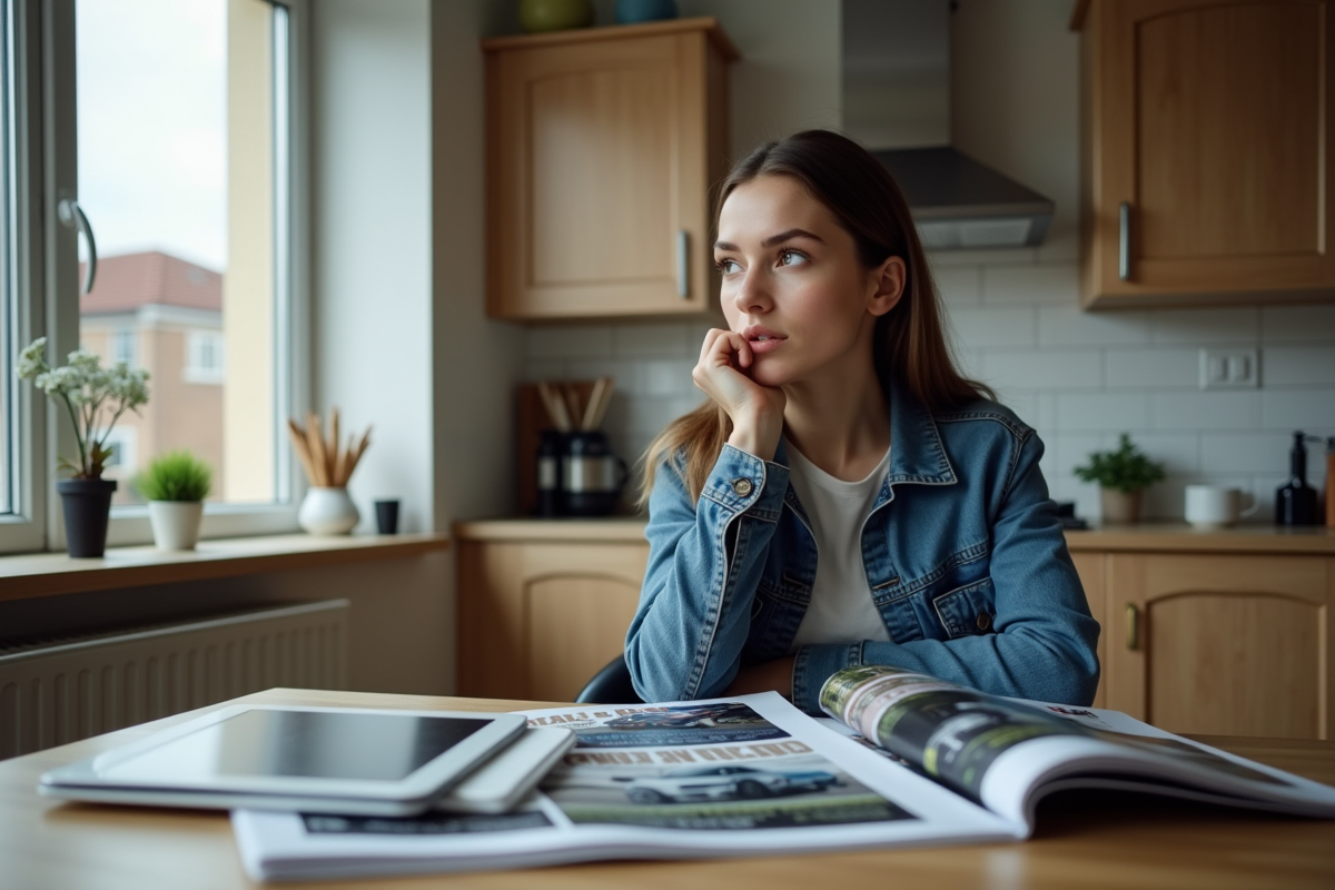 Jeune femme lisant magazines auto dans sa cuisine