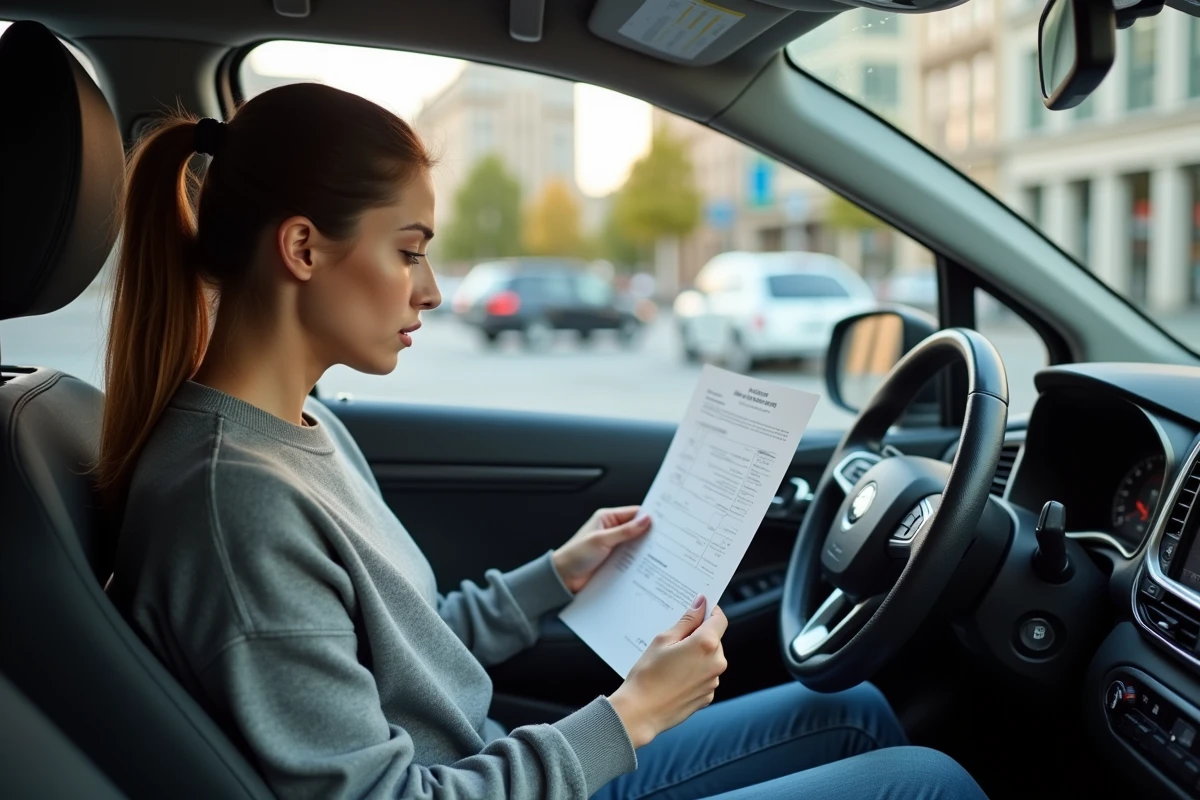 Jeune femme lit un rapport de police dans sa voiture