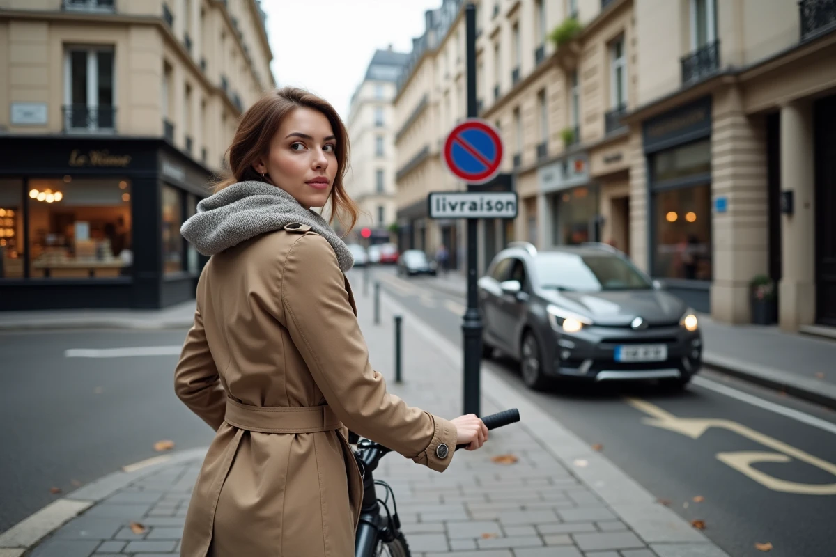 Jeune femme en trench verrouillant son vélo devant une zone de livraison