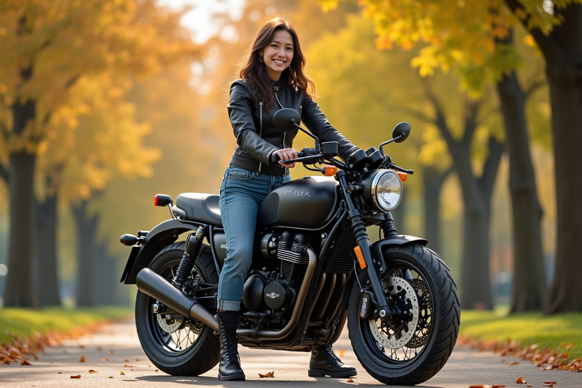 Femme souriante sur sa moto personnalisée dans un parc en automne
