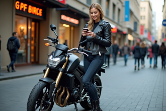 Femme confiante avec moto en ville dynamique