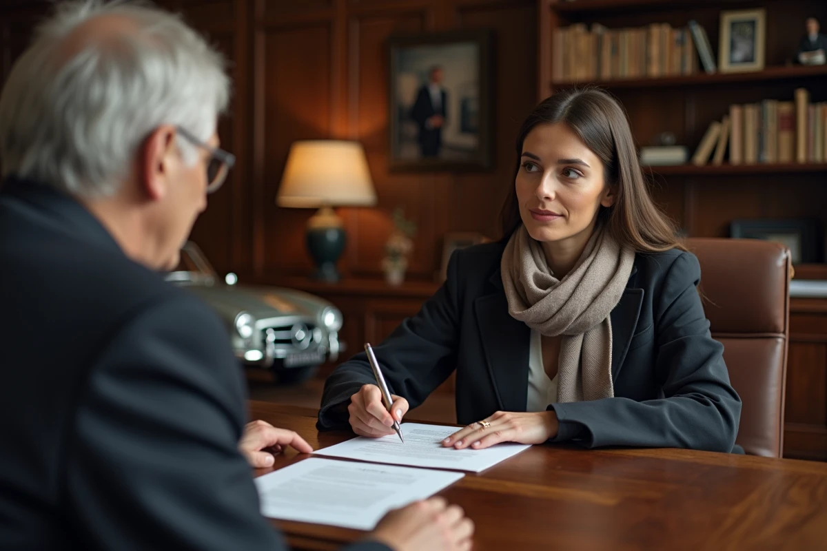 Femme en négociation avec un collectionneur dans un bureau