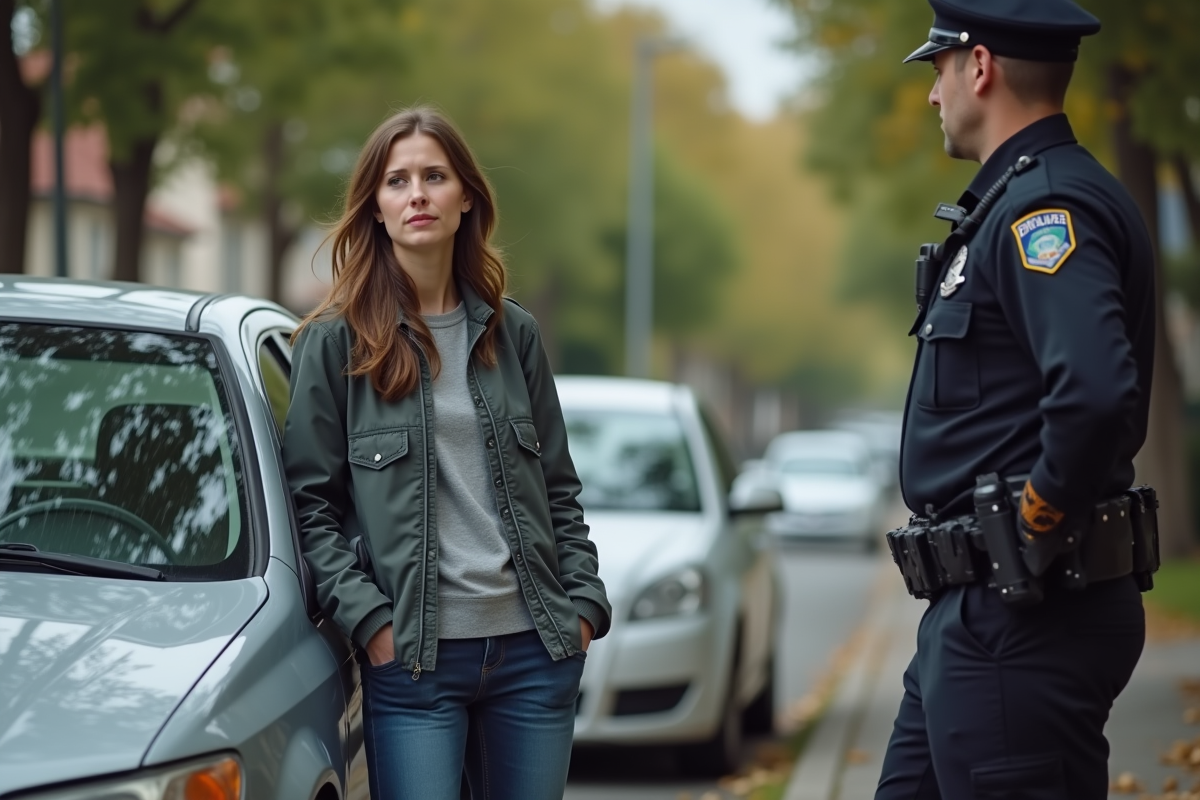 Jeune femme parlant avec un policier sur une rue résidentielle