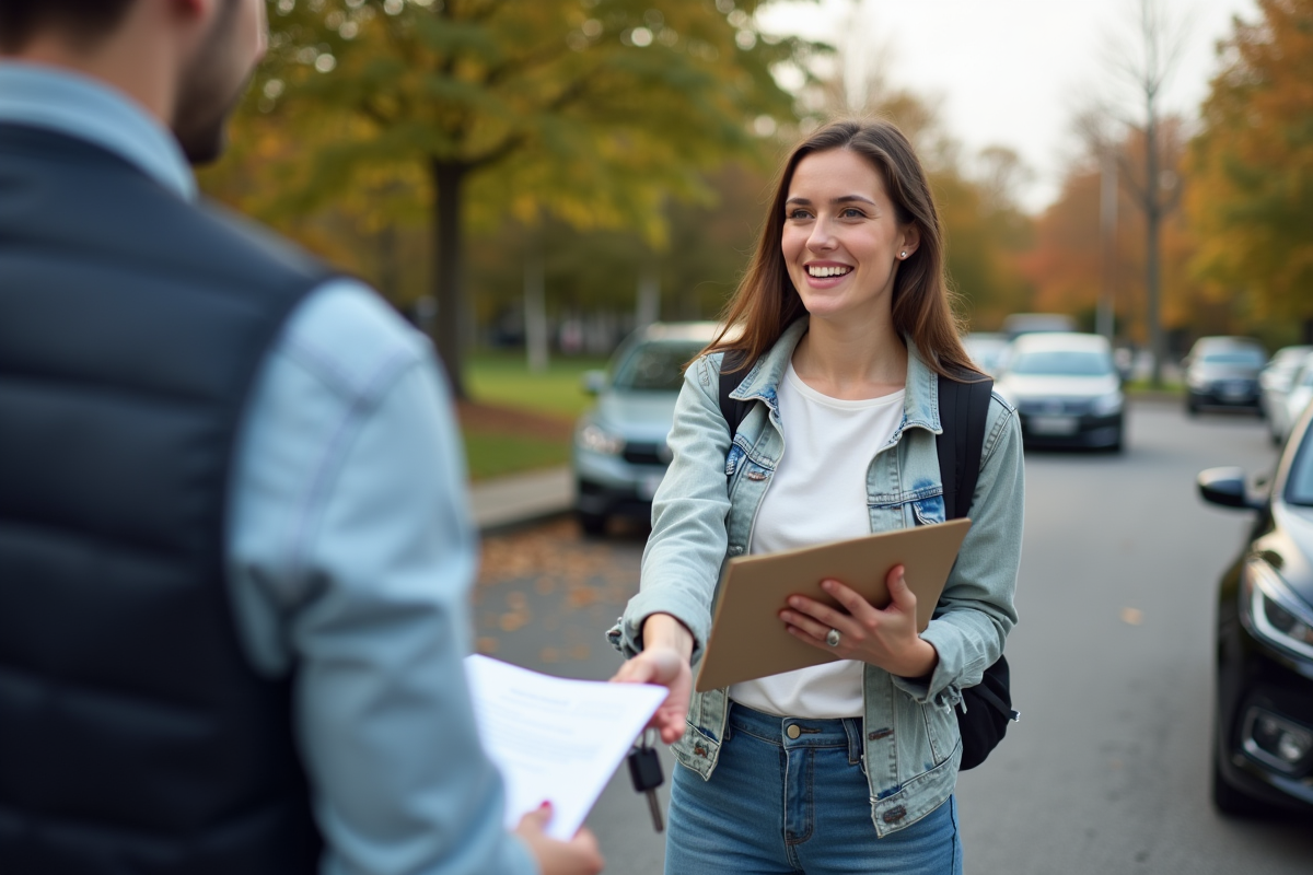 Jeune femme souriante remettant des clés de voiture dans un parking