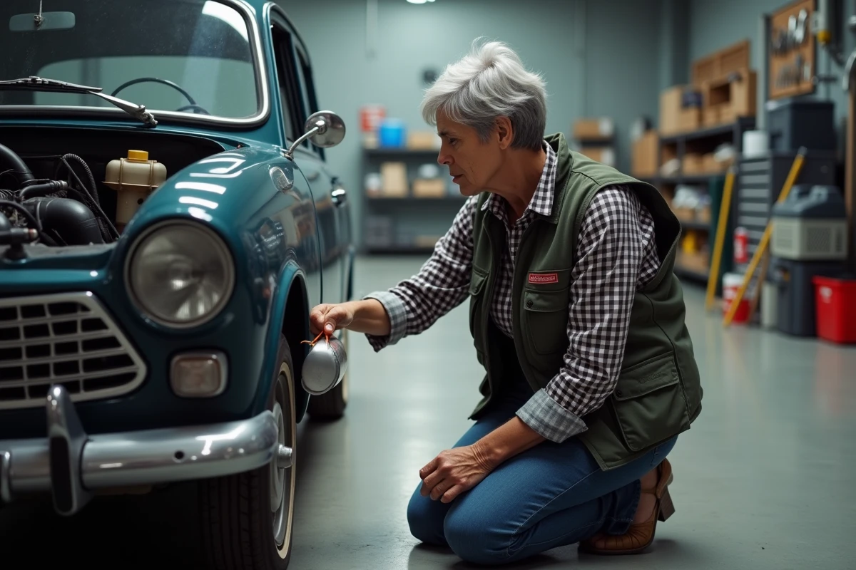 Femme faisant le plein de liquide de refroidissement dans un garage
