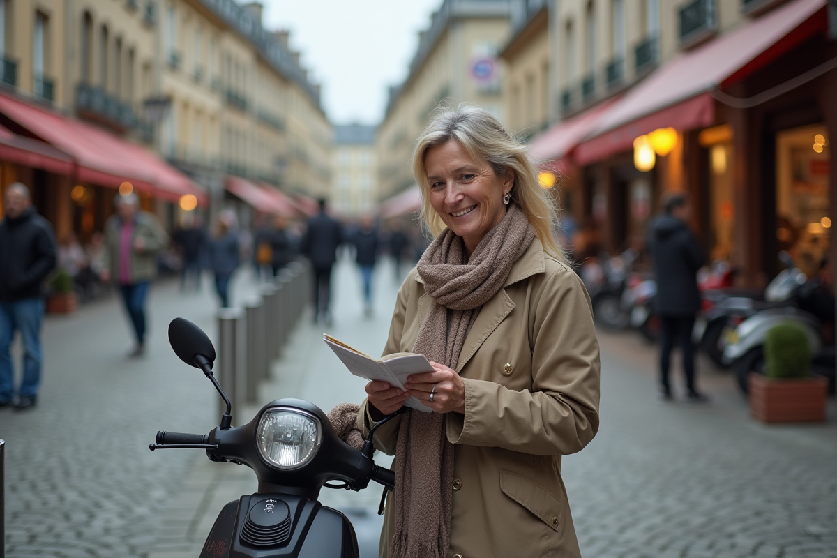 Femme souriante près de son scooter dans une place urbaine française