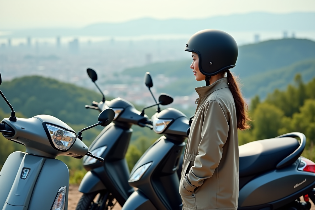 Femme vérifiant des scooters au panorama urbain