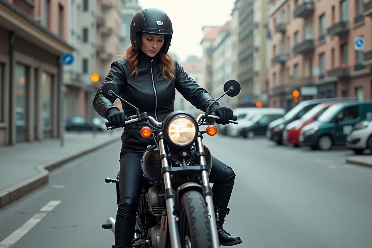 Femme en équipement de moto sécuritaire dans la ville