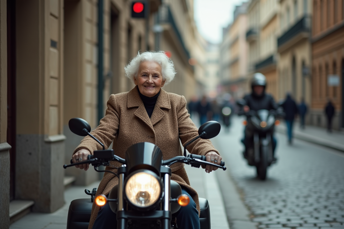 Femme âgée dans sidecar de moto en ville