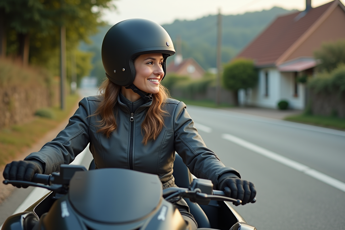 Femme souriante dans le sidecar d