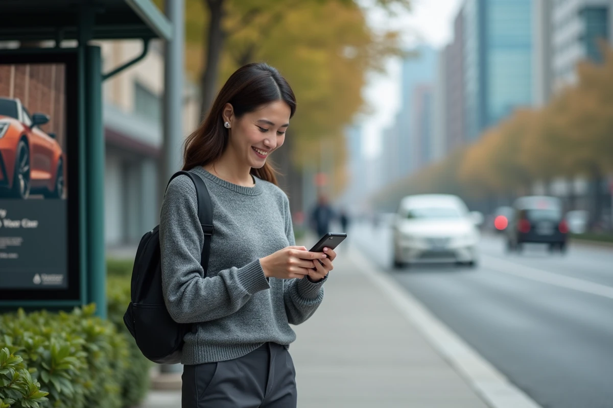 Femme souriante vérifiant son smartphone au bus