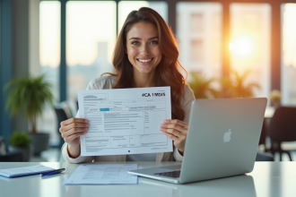 Femme souriante tenant un document d'immatriculation voiture