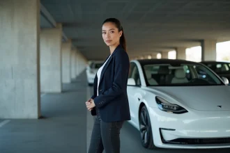 Femme debout à côté d'une Tesla Model 3 blanche dans un parking urbain, illustrant l'achat d'une première Tesla en 2026