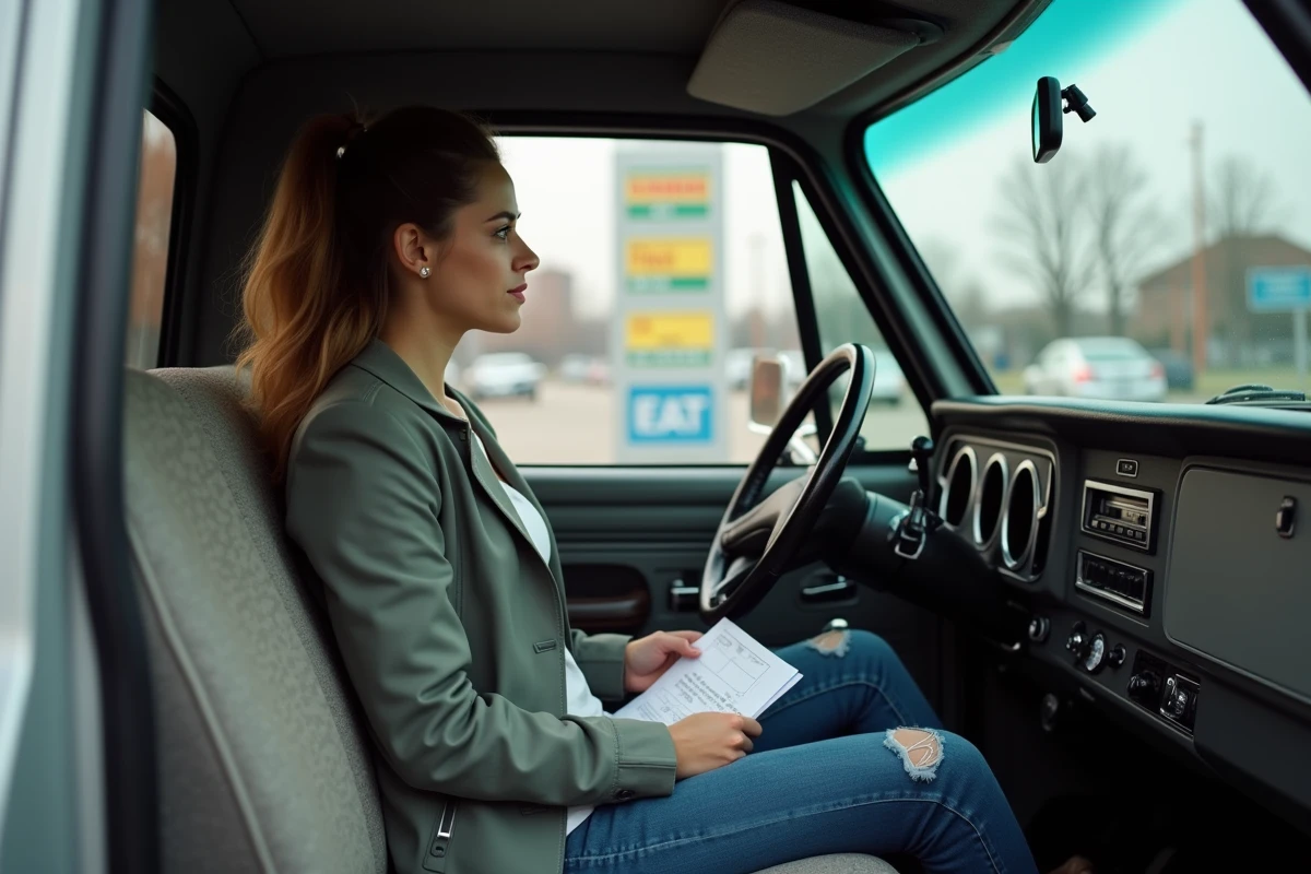 Jeune femme dans la cabine d’un GMC avec papiers