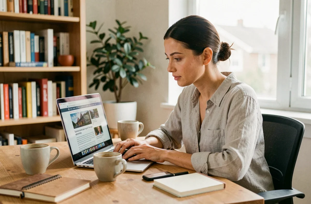Femme utilisant un ordinateur portable pour faire sa veille d'actualité en ligne sur un site d'agrégation de nouvelles