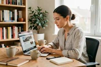 Femme utilisant un ordinateur portable pour faire sa veille d'actualité en ligne sur un site d'agrégation de nouvelles