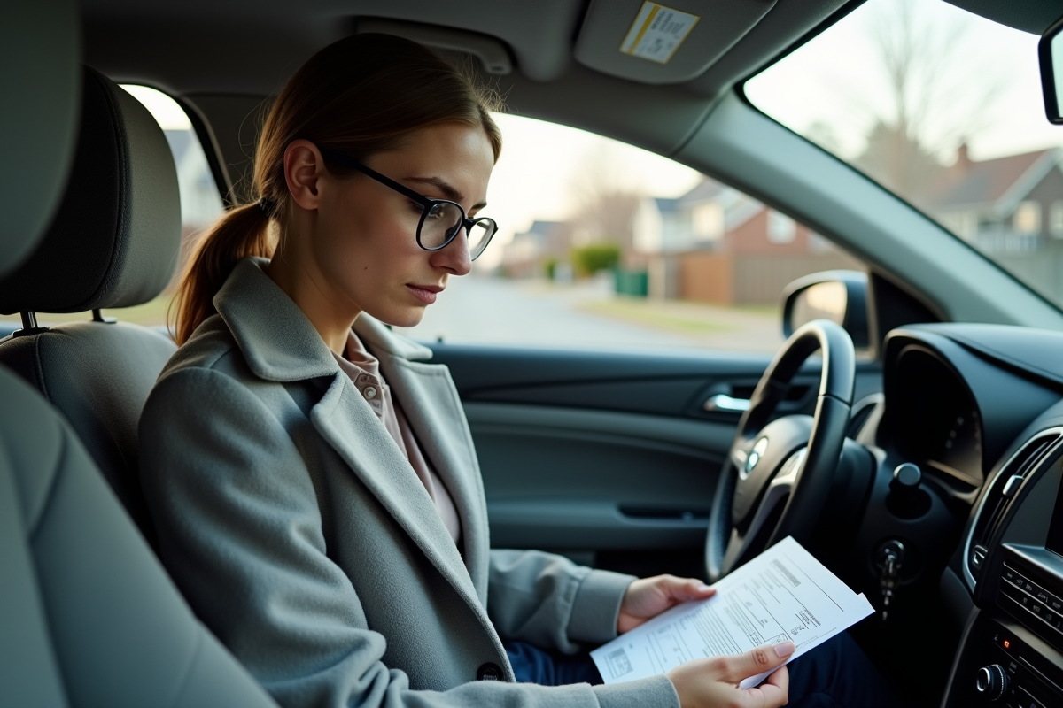 Jeune femme regarde ses papiers dans sa voiture en zone résidentielle