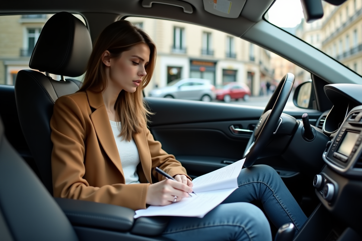 Jeune femme remplissant un formulaire dans sa voiture à Paris
