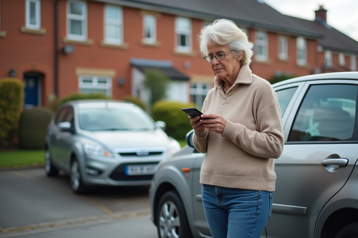 Femme âgée inspecte une voiture endommagée dans un parking résidentiel
